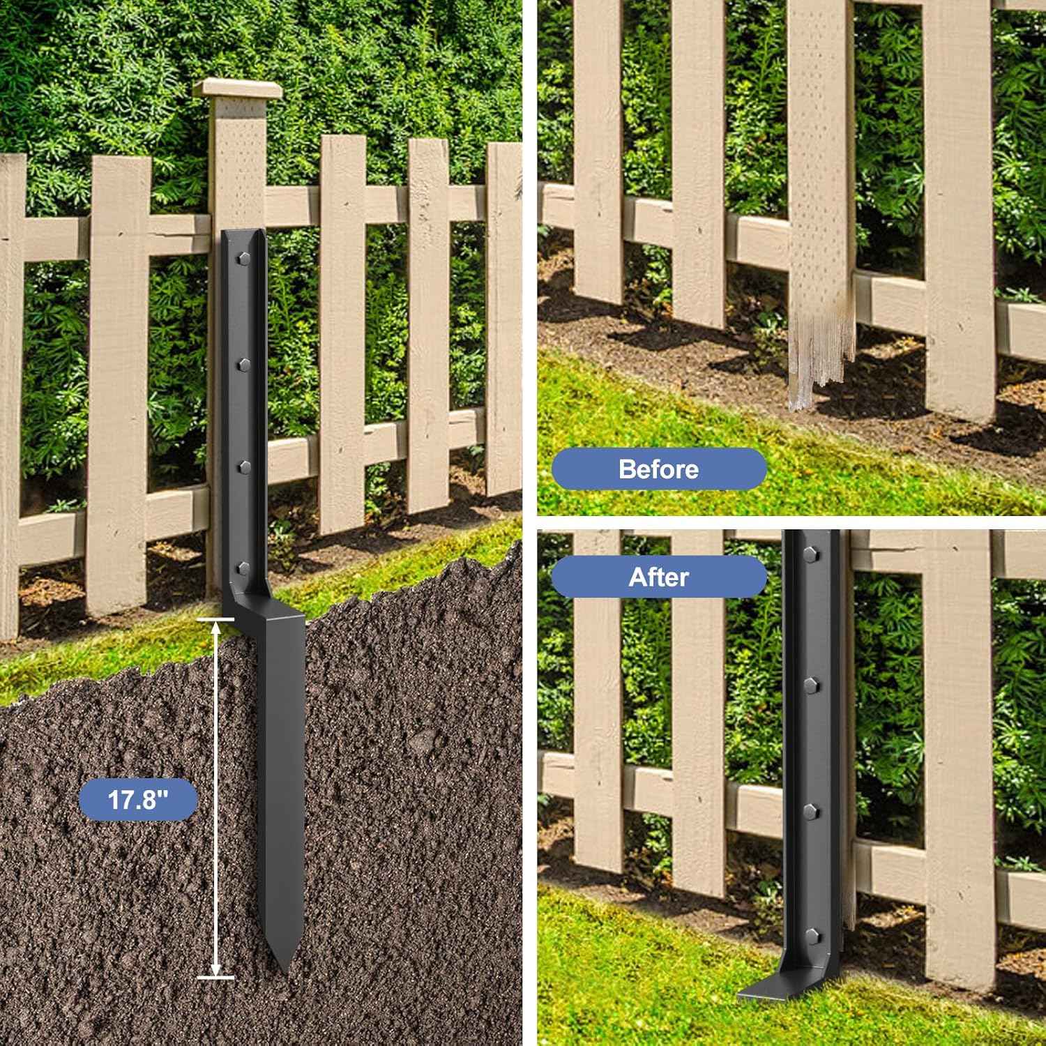 Heavy Duty 4-Pack Fence Post Repair Kit - 33.6" Ground Stakes for Tilted/Broken Wood Posts