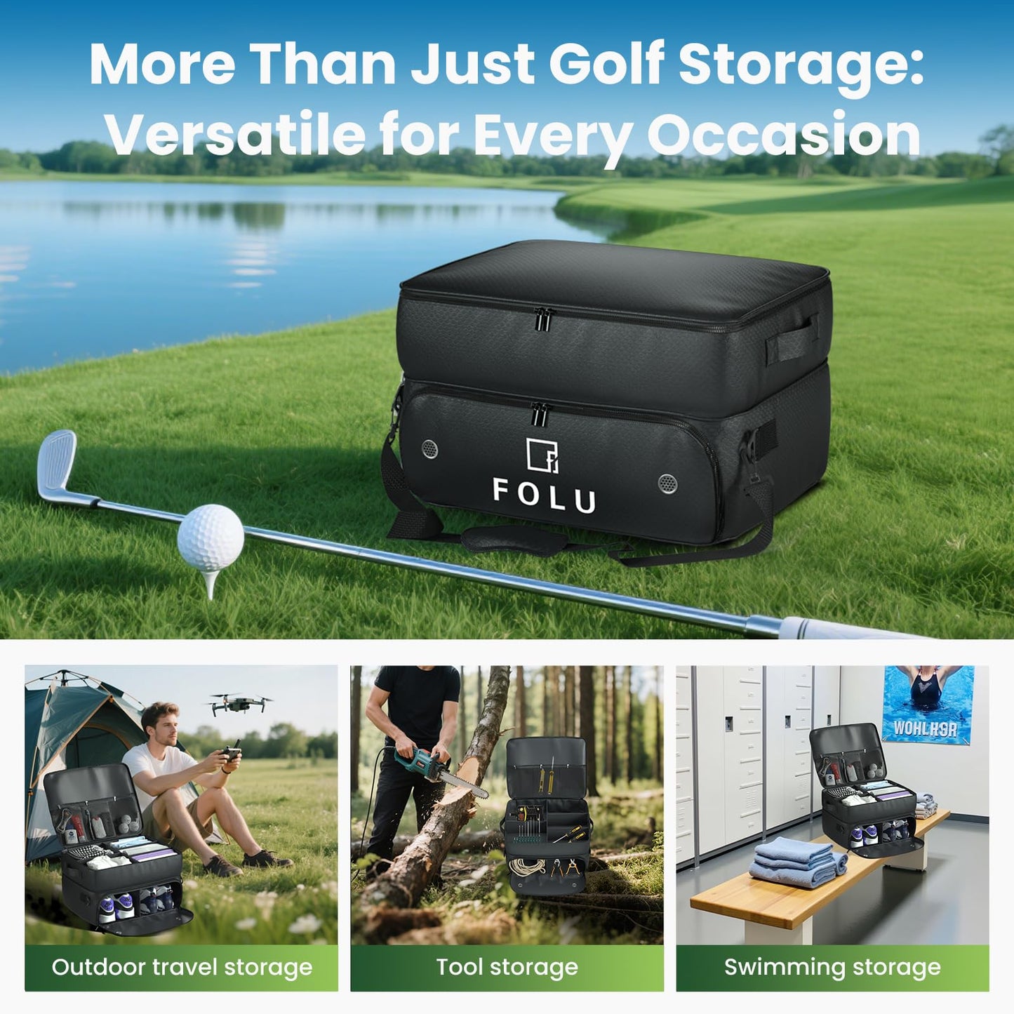 FOLU 2 Layer Golf Trunk Organizer, Waterproof Car-Golf Locker with Separate Ventilated Compartment for 2 Pair Shoes, Golf-Trunk Storage for Balls, Tees, Clothes, Gloves, Accessories