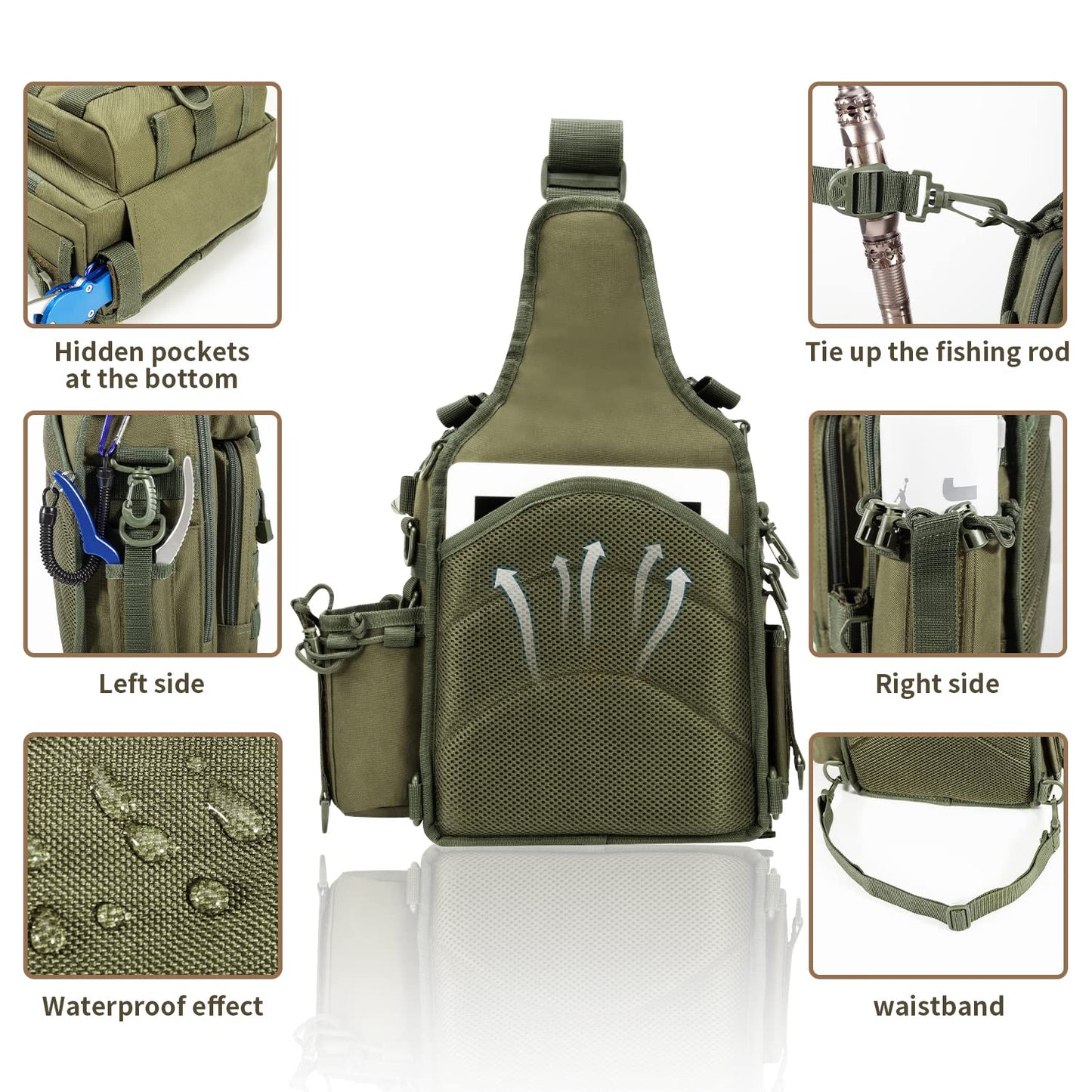 BLISSWILL Fishing Backpack Outdoor Tackle Bag Large Water-resistant Fish pack with Rod Holder Shoulder Backpack fishing gifts for men (Army Green)