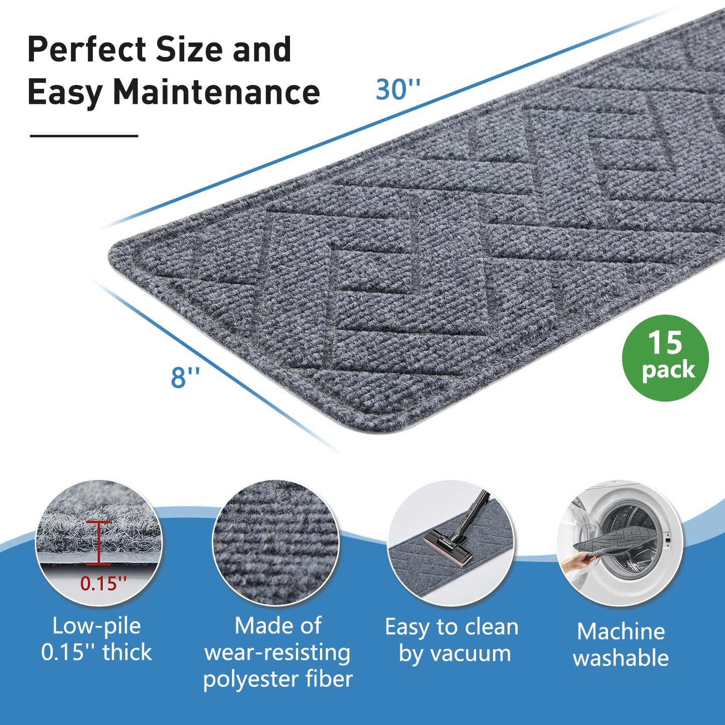 Non-Slip Stair Treads for Wood Steps - 15 Pack 8" x 30" Carpet Treads with Reusable Adhesive for Kids, Elders & Pets