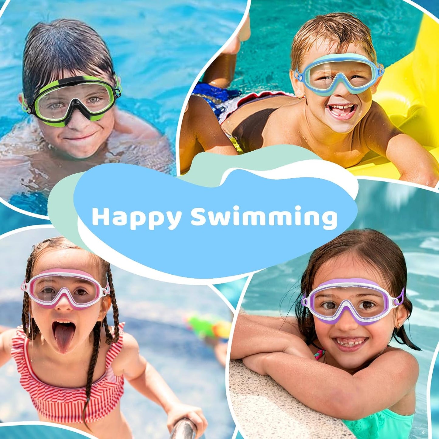 Vvinca Kids Swim Goggles - Wide View Anti-Fog UV Protection | Adjustable Bungee Strap for Ages 3-14