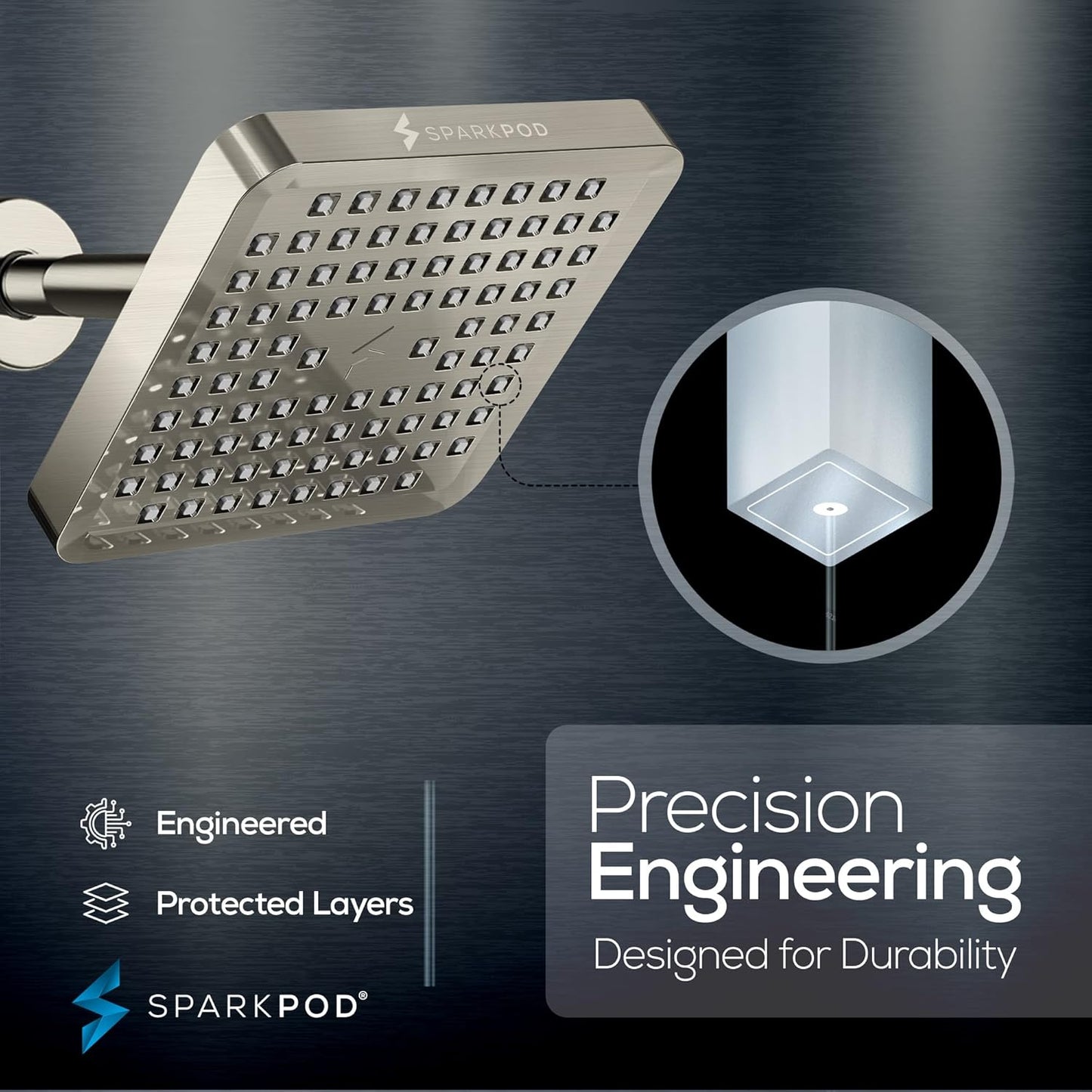 High Pressure Rain Shower Head - SparkPod Premium 6-Inch Square in Brushed Nickel - Easy Install & Clean