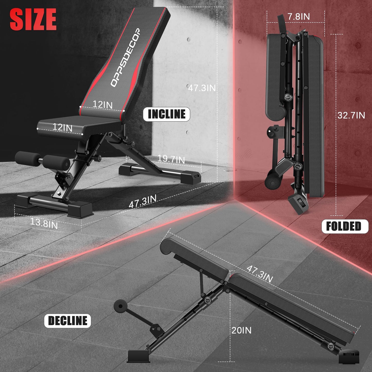 OPPSDECOR Adjustable Weight Bench, ASTM-Certified 900LBS Capacity, 8X4X2 Positions, 18.5" Seat Height, 99% Pre-Assembled Foldable Workout Bench for Home Gym Strength Training, Incline Decline Flat Bench Press (US STOCK)