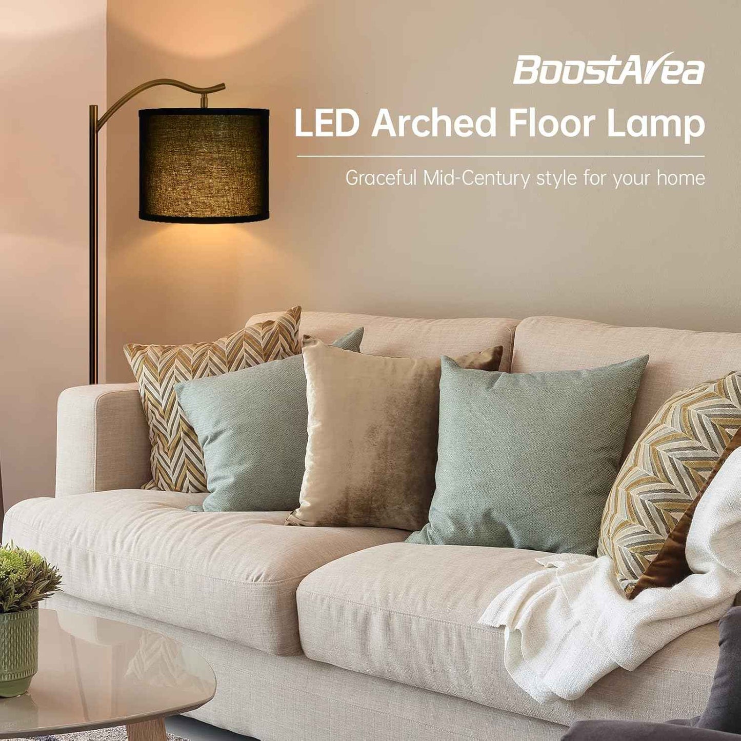 Modern LED Floor Lamp with Bohemian Linen Shade – Arched Tall Standing Light for Living Room & Bedroom