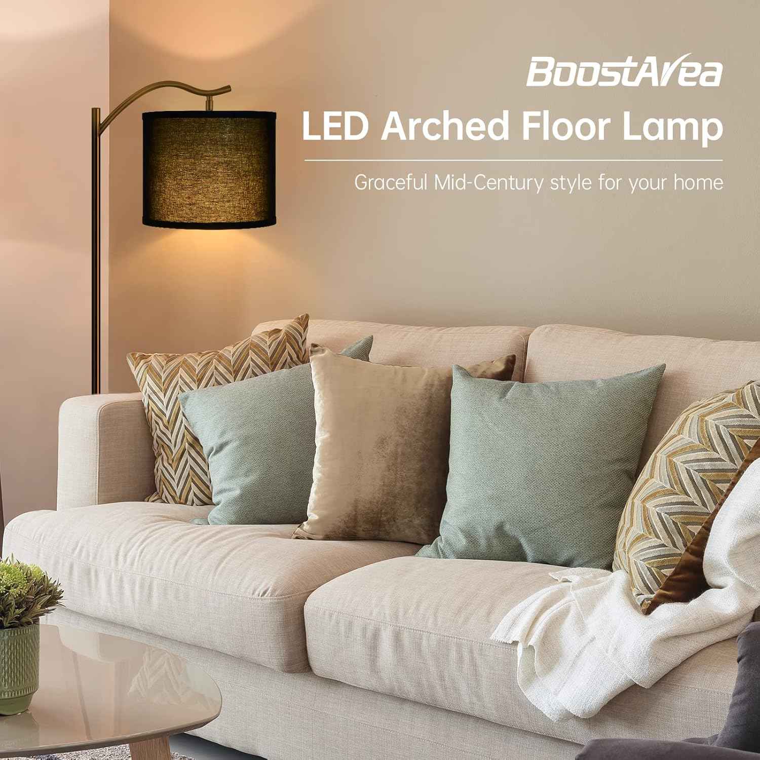 Modern LED Floor Lamp with Bohemian Linen Shade – Arched Tall Standing Light for Living Room & Bedroom