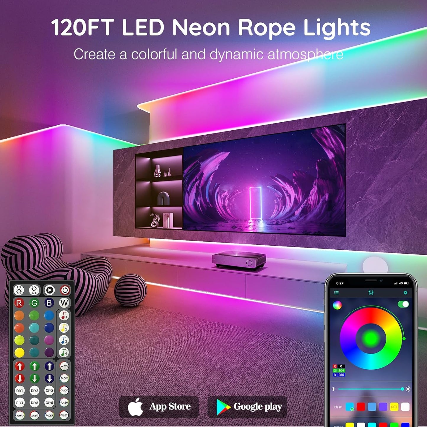 60FT SINLEY LED Neon Rope Lights - App/Remote Control, Waterproof RGB for Indoor/Outdoor Use