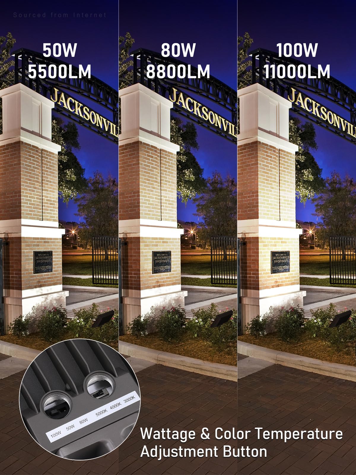 LEONLITE 100W/80W/50W Adjustable LED Flood Light Outdoor with Knuckle Mount, UL Listed, 5000K/4000K/3000K Selectable, 120/277V, Security Flood Lighting for Yard, Garage, IP65 Waterproof, Bronze