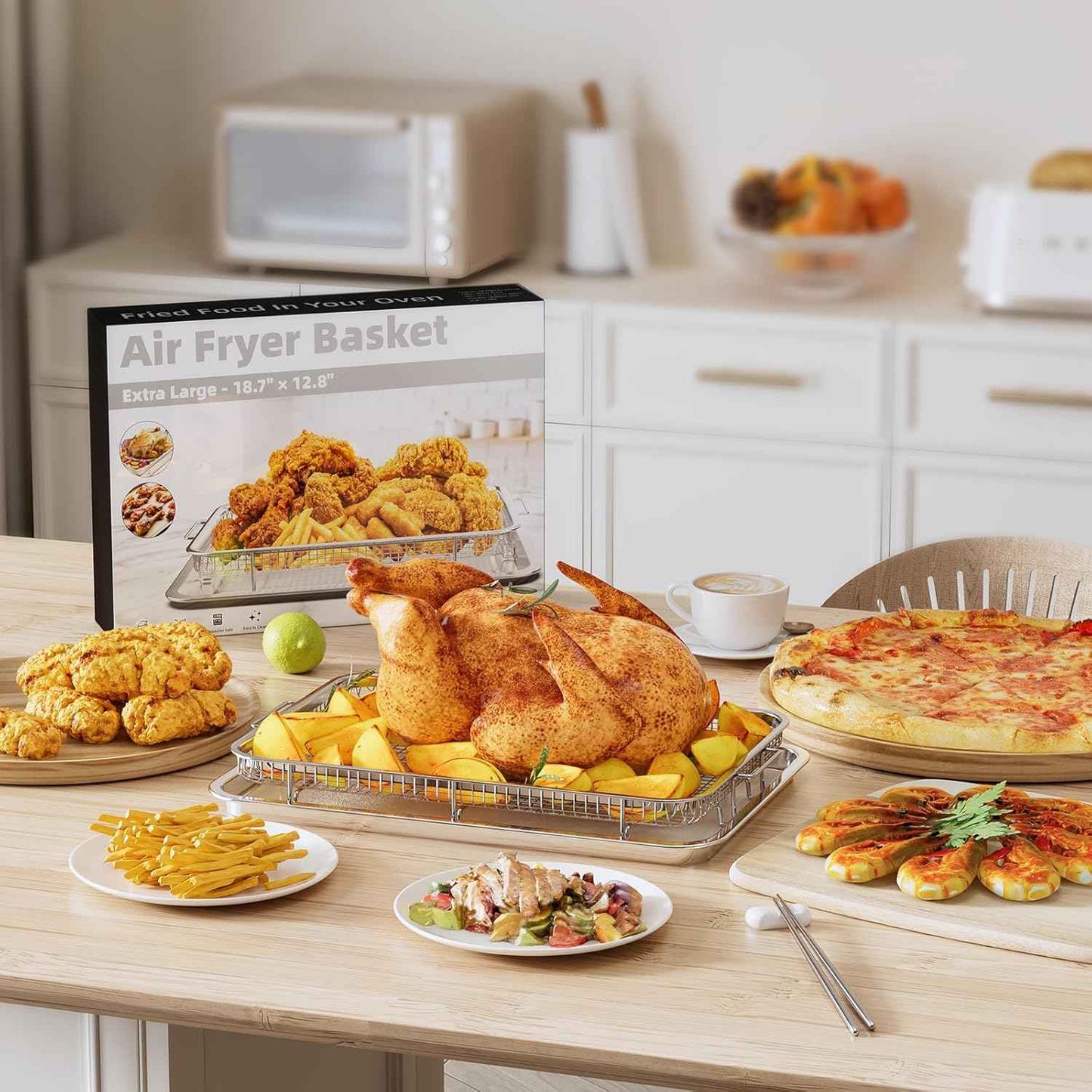 Air Fryer Basket Set with Parchment Papers - Non-Stick Stainless Steel Trays (2 Sizes)