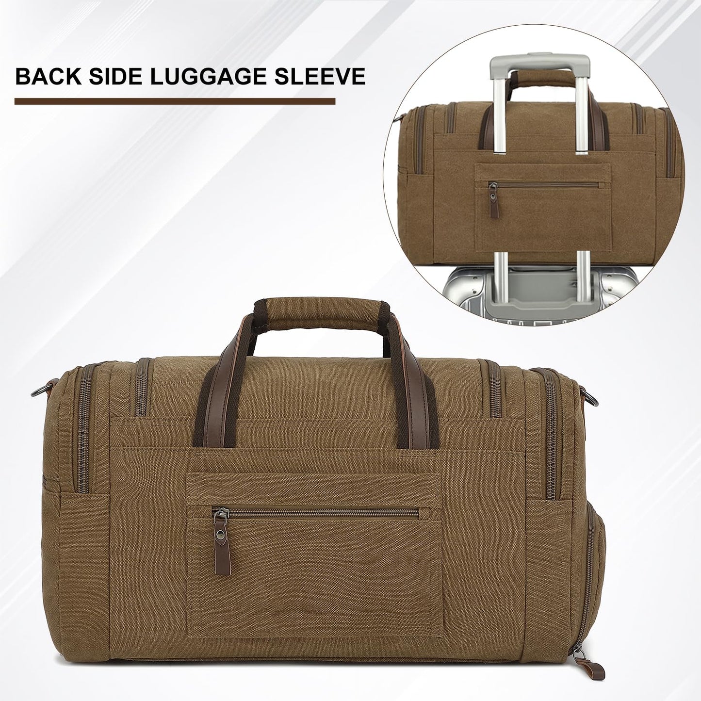 Koolehaoda Duffle Bag for Travel, 50L Canvas Travel Duffel Bags Overnight Weekend Gym Carry On Luggage Bag with Shoes Compartment Travel Bag for Men & Women (204-Coffee)
