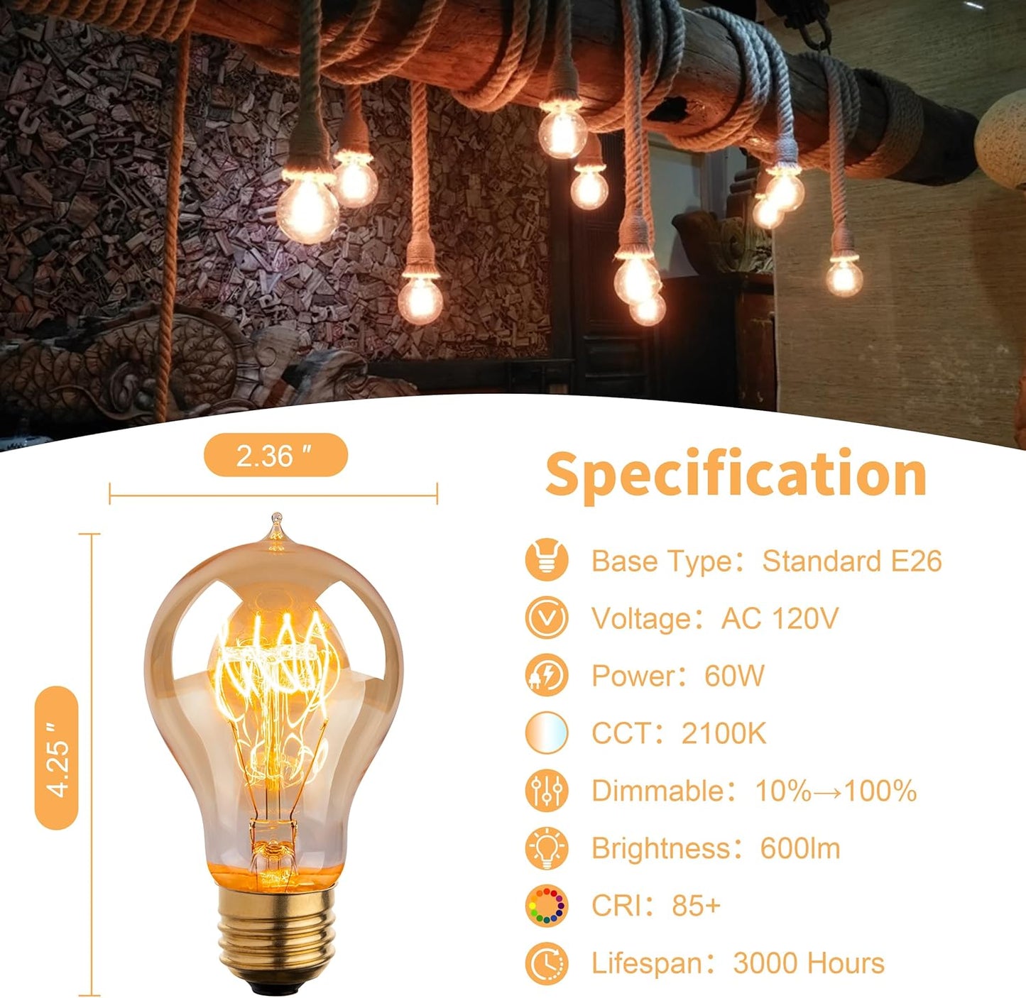 60W Vintage Edison Light Bulbs - A19/A60 Soft Amber Dimmable Bulbs, 12 Pack
