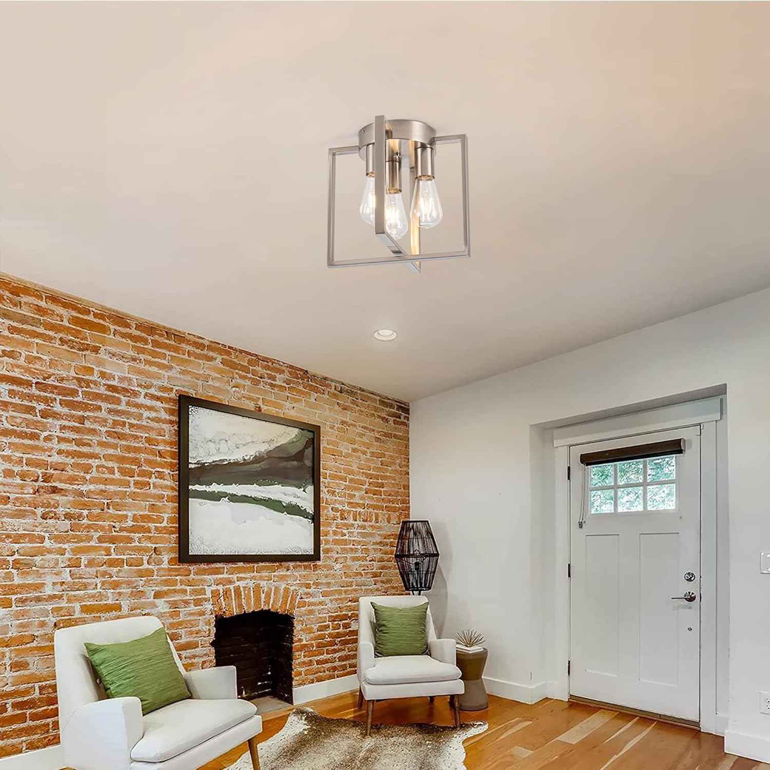 Brushed Nickel 3-Light Flush Mount Ceiling Light Fixture - Modern Geometric Design for Living Room, Kitchen, Dining Room, and Hallways