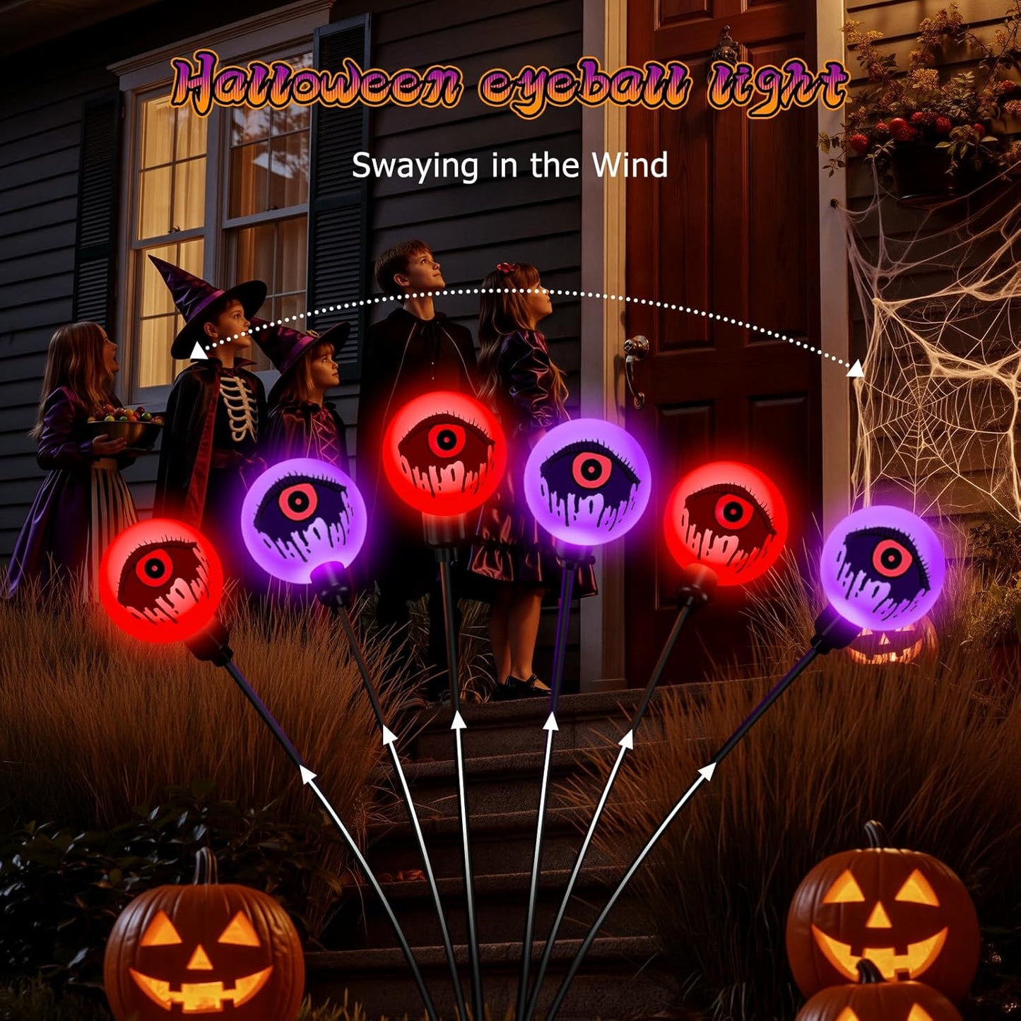 Solar Halloween Lights - 6 Pack 36 LEDs Purple & Orange Waterproof Eyeballs for Outdoor Yard Decor