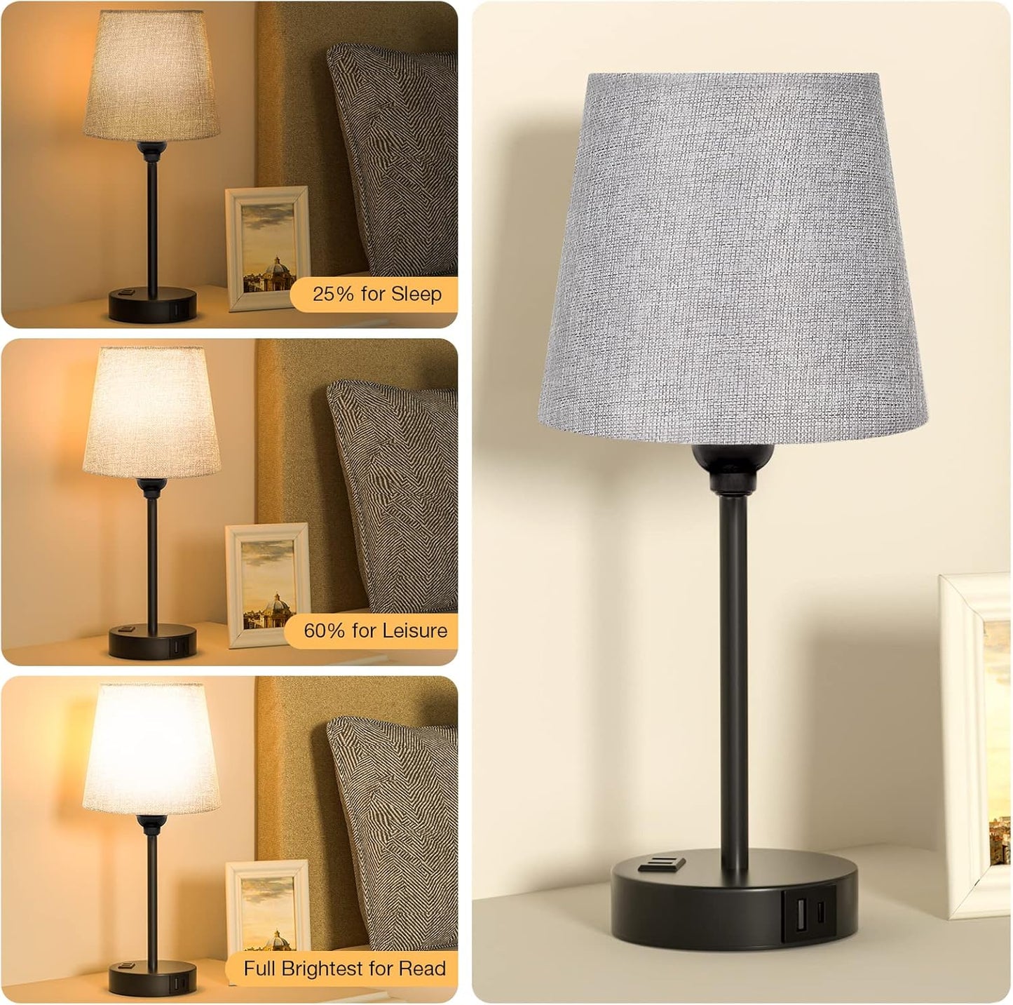 Set of 2 Mini Bedside Lamps with USB-C & AC Outlet - Dimmable Touch Nightstand Lights for Bedrooms