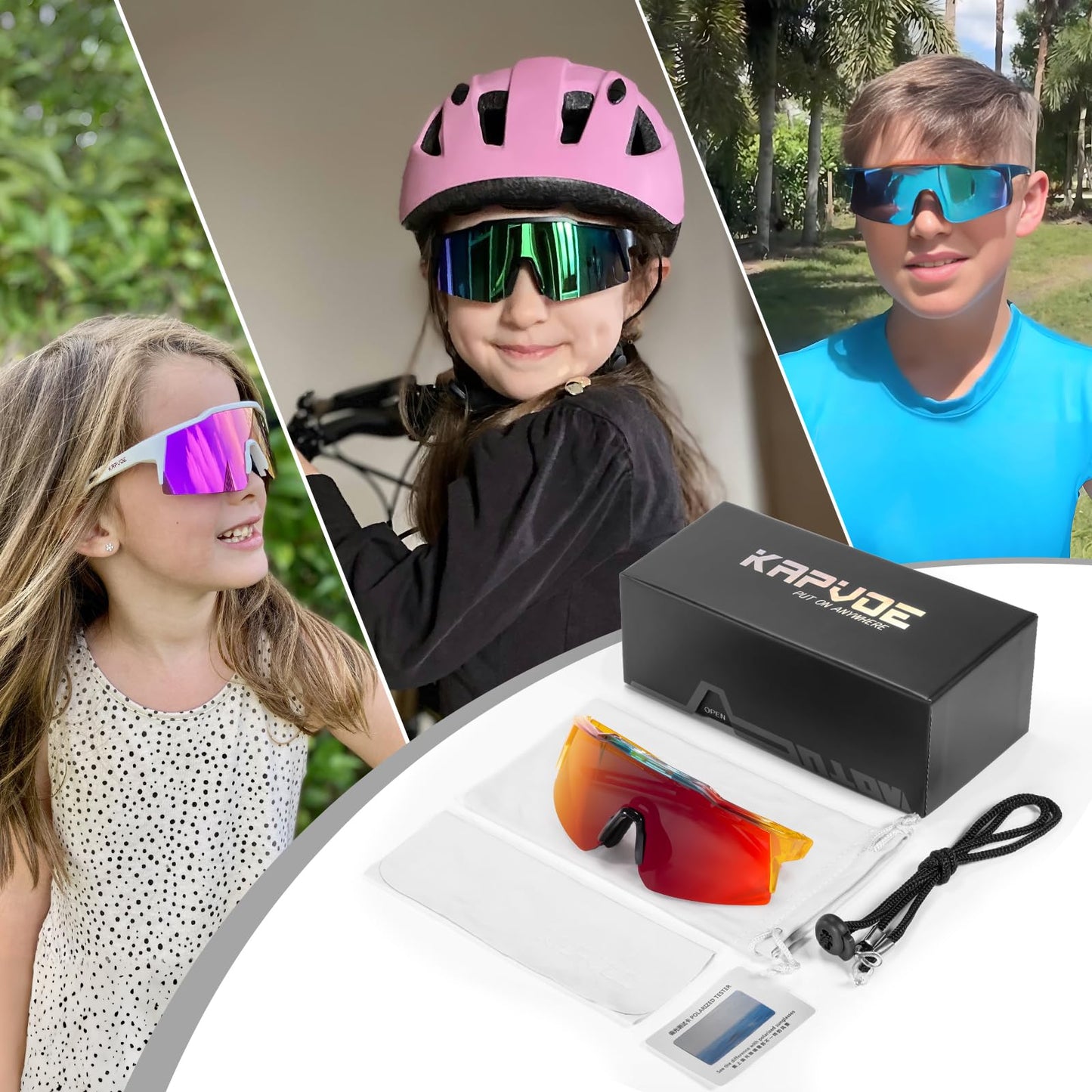 KAPVOE Youth Polarized Sports Sunglasses Kids Baseball Softball Cycling Glasses UV400 Protection for Boys Girls Age 6-12