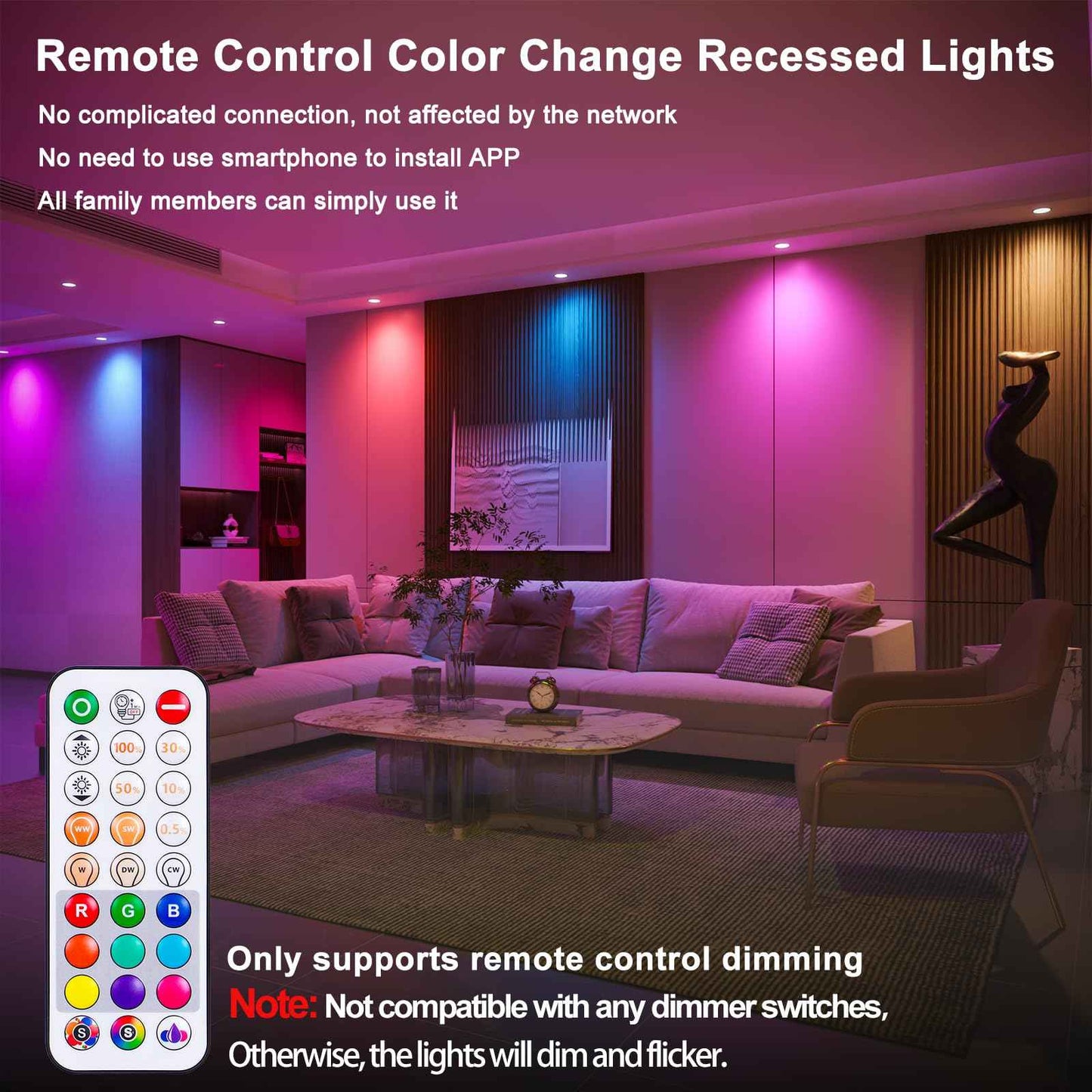Recessed Lighting 5/6 Inch Color Changing LED Can Lights for Ceiling, 13W 1050LM Retrofit Recessed Lights with Baffle Trim, RGBCW Downlight Dimmable by Remote Control, Memory, Delayed Off, 1 Pack