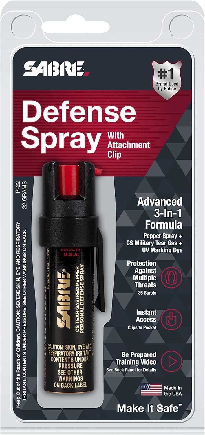 SABRE 3-in-1 Compact Defense Spray - Max Police Strength Pepper Spray, Tear Gas & UV Dye, 0.67 fl oz