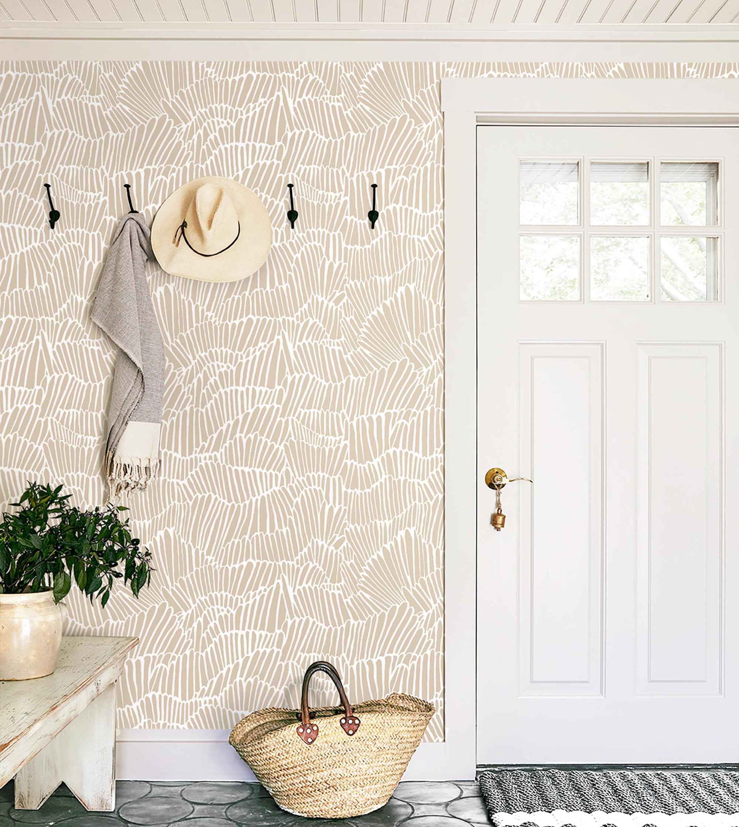 Guvana Beige Peel and Stick Wallpaper Boho Beige and White Contact Paper Modern Striped Self Adhesive Waterproof Wall Paper for Bathroom Bedroom Decor Removable Temporary Rv Wallpaper Roll 17.3"×787"