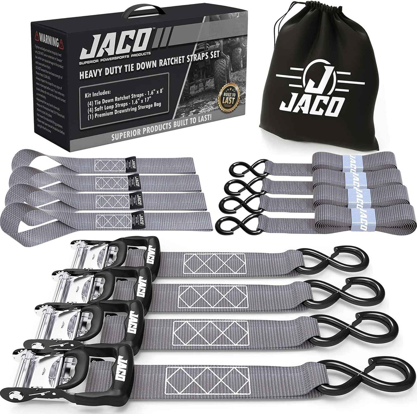 Heavy Duty Ratchet Straps 1.6" x 8ft (Pack of 4) - 5,208 lbs Tie Down Kit with Soft Loops