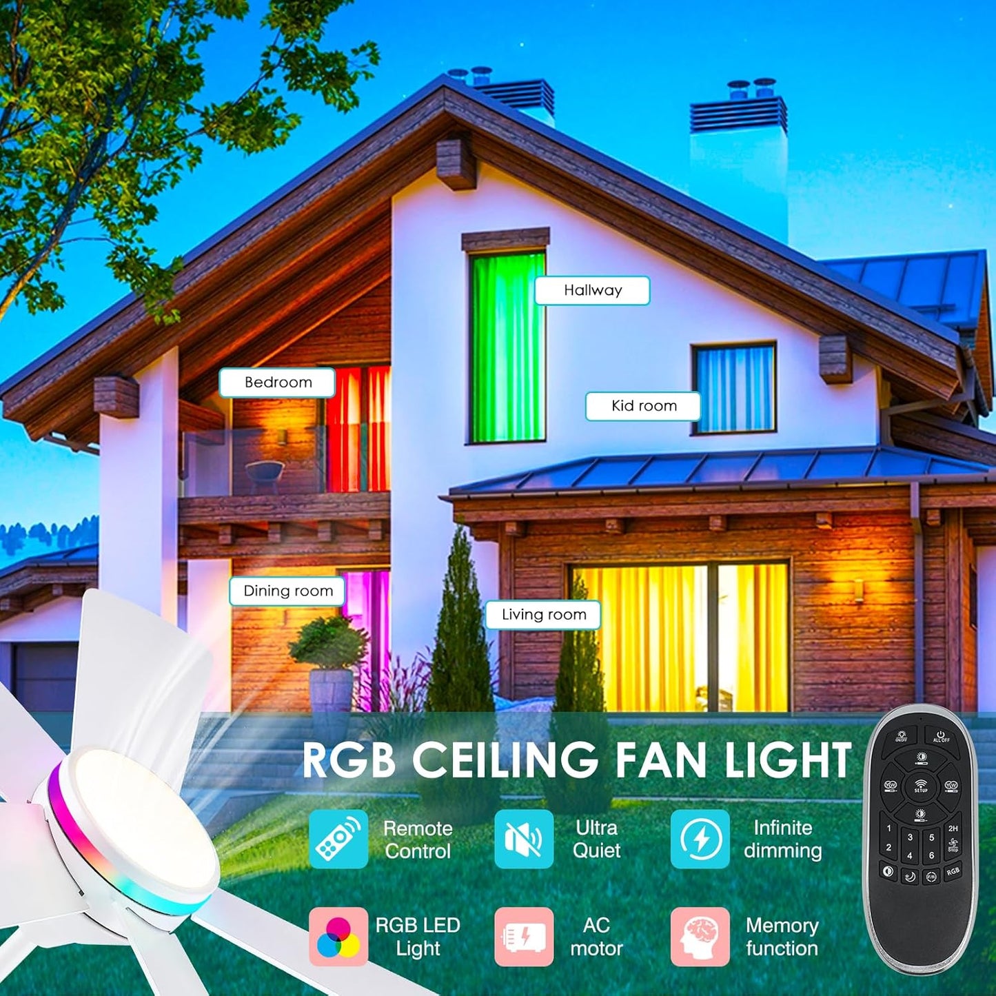 46” Black Low Profile Ceiling Fan with Lights & Remote Control - Dimmable, Noiseless, Reversible for Bedroom