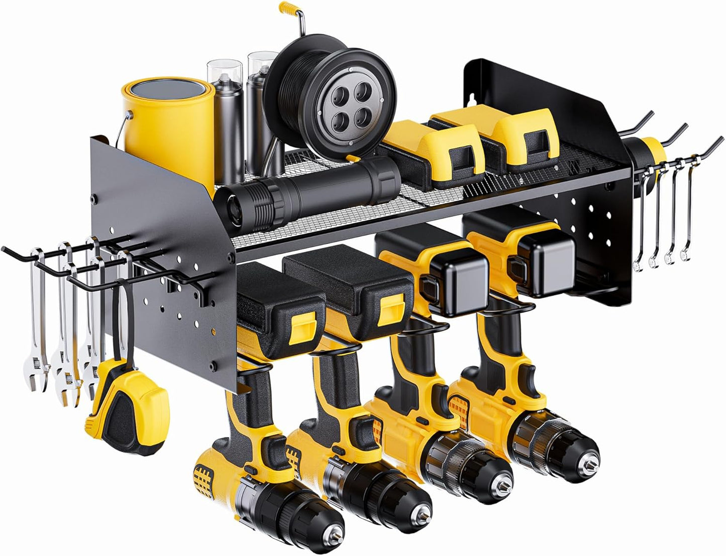 Power Tool Organizer Wall Mount - 3-Layer Charging Station with 8 Outlets & 6 Drill Holders - Efficient Garage Storage Solution (Black)