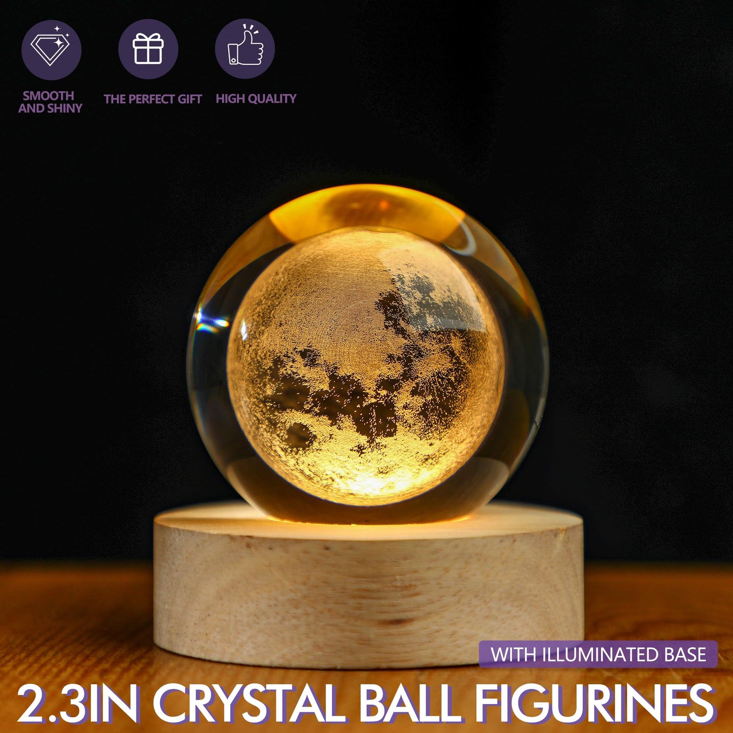 LOULIQIGIFT Crystal Moon Crystal Ball with Light Base Night Light 2.3Inches Glass Moon Globe Home Decor Gift for Women, Friends, Family
