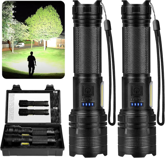 90000LM Rechargeable LED Flashlights - Super Bright 7 Modes Handheld Flashlight Set (2 Pack) for Home, Camping & Night Work