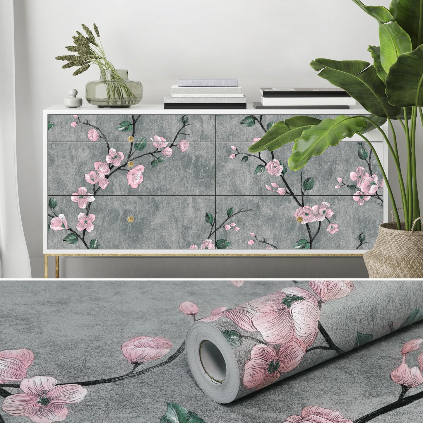 SOON AFTER 17.5"x120" Floral Peel and Stick Wallpaper Flower Tree Contact Paper Self Adhesive Removable Modern Grey Wall Paper Decorative Wall Covering Countertop Vinyl Film Roll