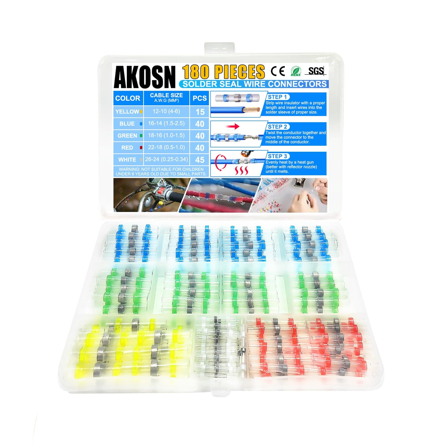 5 Sizes, 180 Pieces - Heat Shrink Butt Connectors, Solder Seal, Waterproof Self Shrink Electrical Connector Kit- for Wiring, Soldering, Marine, Automotive