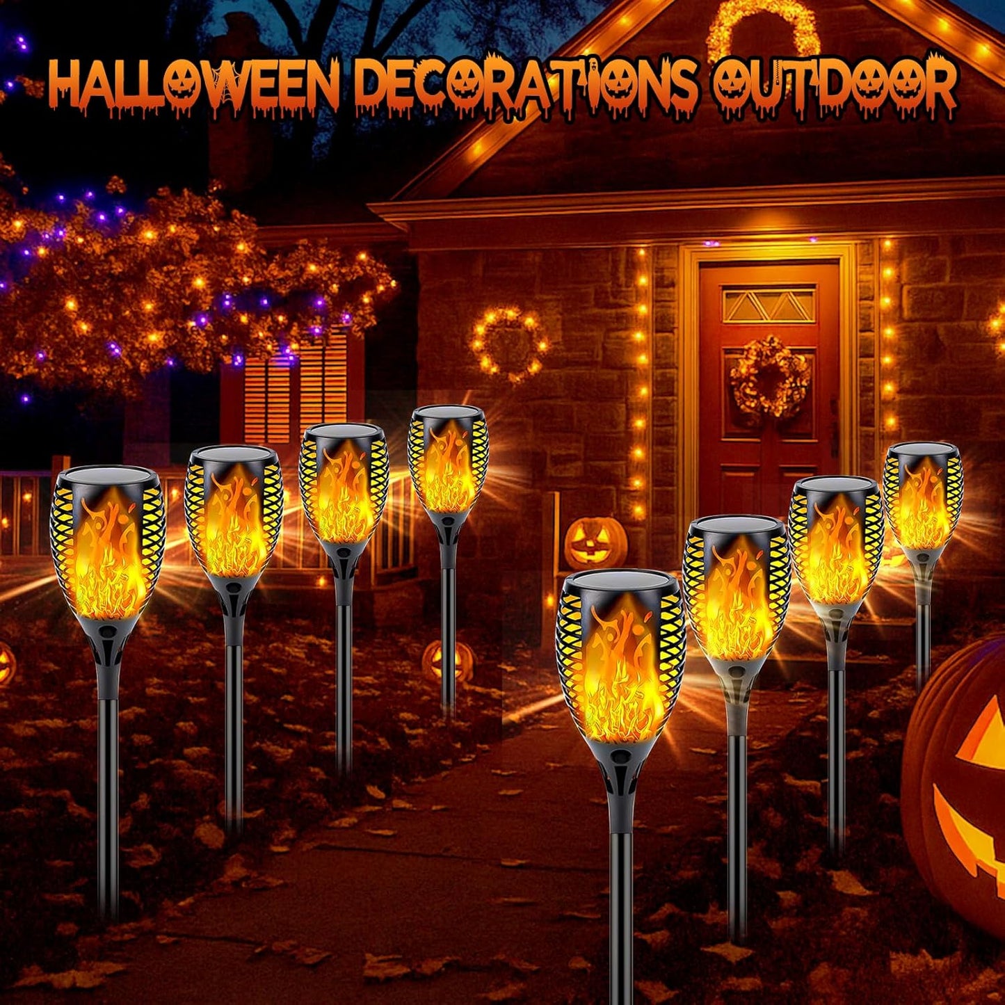 10 Pack Mini Solar Torch Lights - Flickering Flame Outdoor Decor for Halloween, Waterproof Solar Garden Pathway Lights