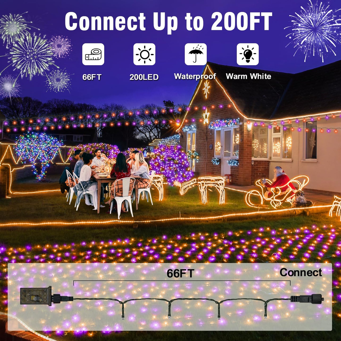 Nisocy 66FT LED String Lights Outdoor Waterproof – Purple Orange Fairy Lights with Plug, Connectable Christmas Tree Lights for Patio, Garden, Bedroom, Wedding, Party, Decor