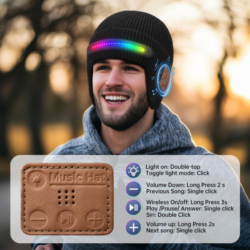 Bluetooth Beanie with Light, Built-in Stereo Speaker Mic and Wide Beam Light, Rechargeable Headlamp hat Music hat, Unique Tech Gifts for Men Him Husband Teen Black