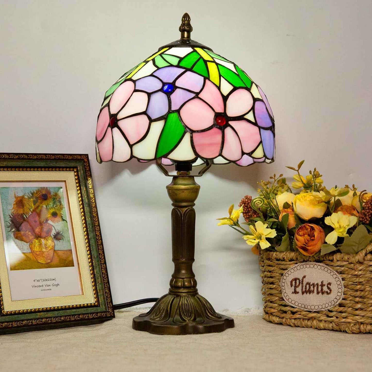 Tiffany Table Lamp - 8 Inch Antique Stained Glass, 3 Color Temperatures, Handcrafted for Bedroom & Living Room