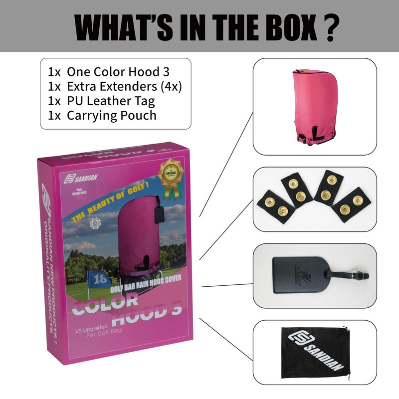 SANDIAN, Pink Color, Golf Bag Rain Hood Cover, Waterproof 1260D Oxford Polyester, 12x20 Inches, Padded Protection, PU Coated, Two Sided Zipper, Adjustable Buckle Lock Fasteners, Snap Button Locking