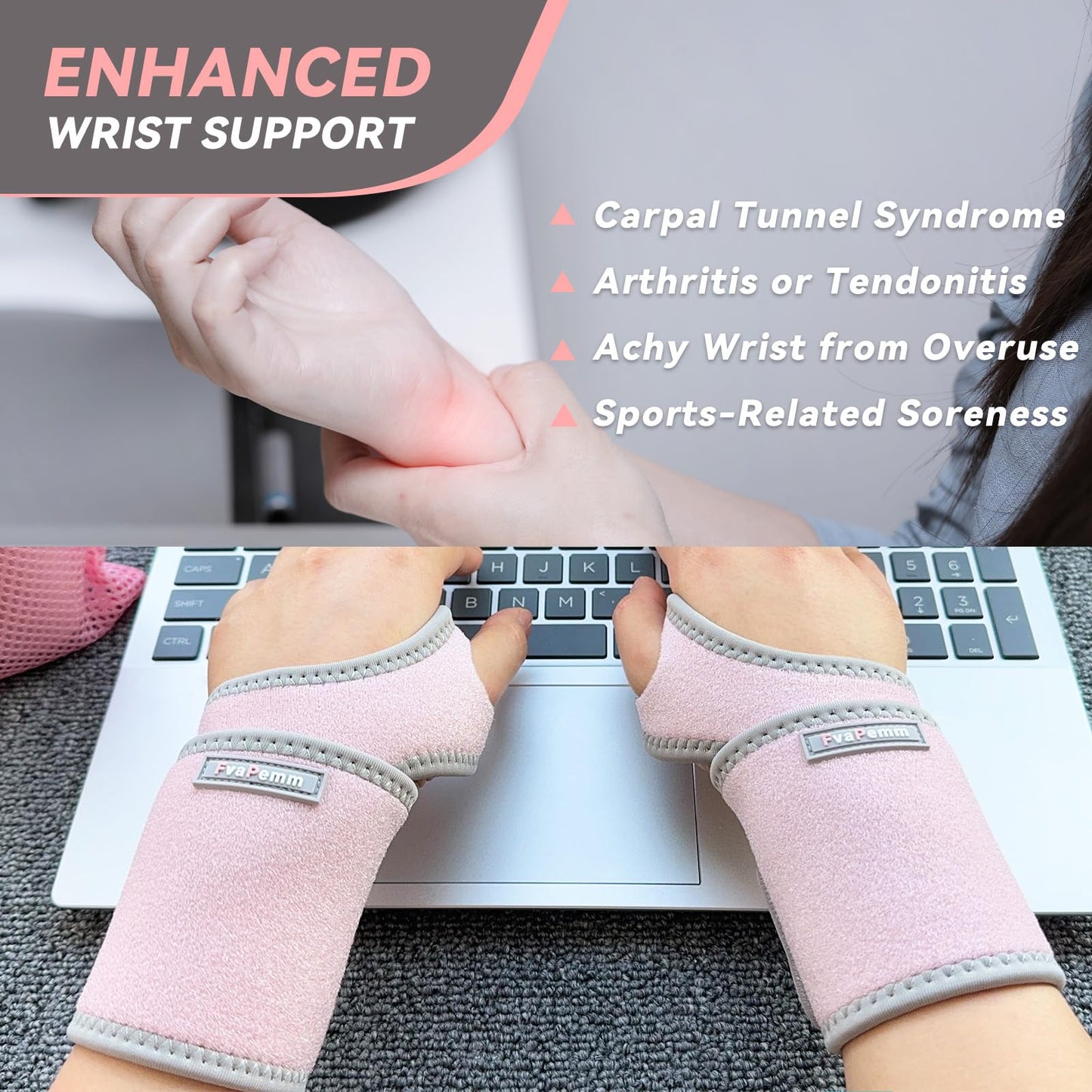 Carpal Tunnel Wrist Brace for Right Left Hand 2 Pack, Wrist Support Wraps for Women Men, Adjustable Wrist Brace for Tendonitis, Arthritis, Weightlifting, Sports, Day Night Support, Pink