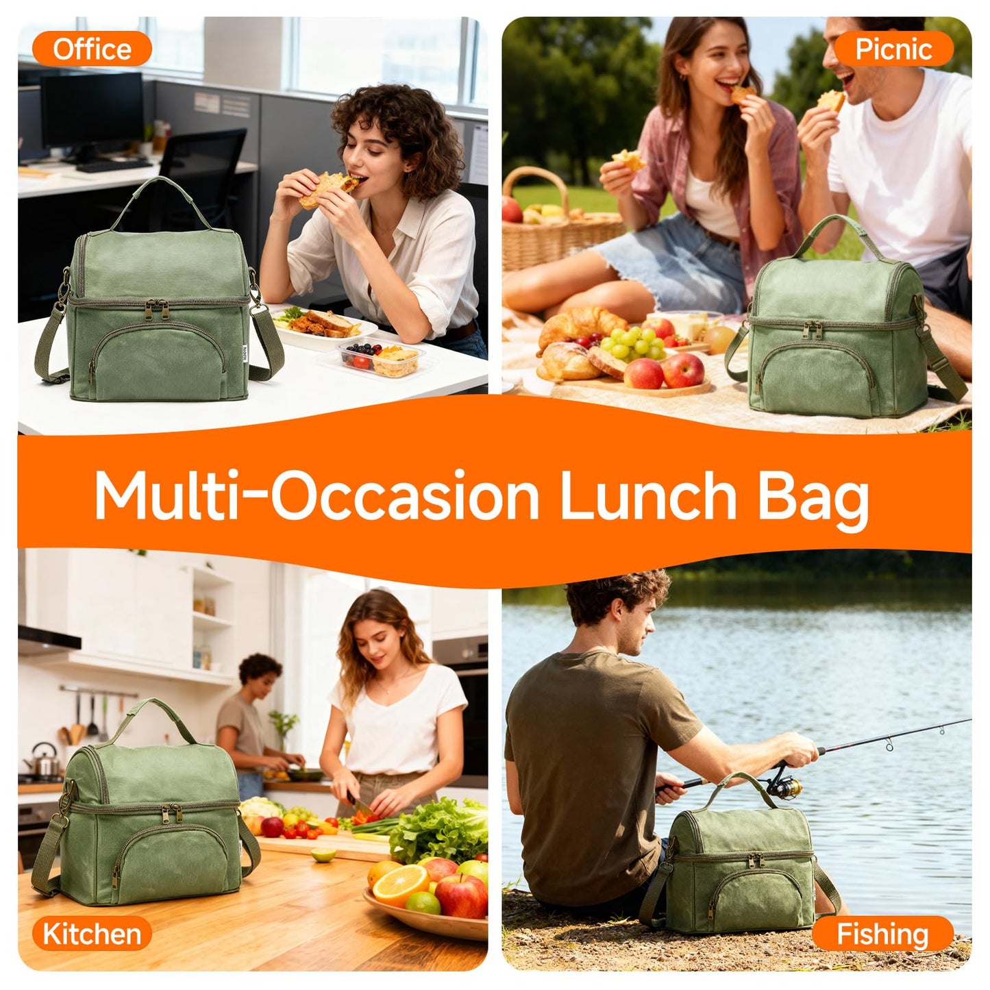 neatlife Men's London Green Lunch Box for Work with 2 XL Ice Packs, Sturdy Waxed Canvas Insulated Adult Lunch Bag, 2 Compartment 10.5L Soft Cooler Bag For Work, Picnic, Travel, Outdoors