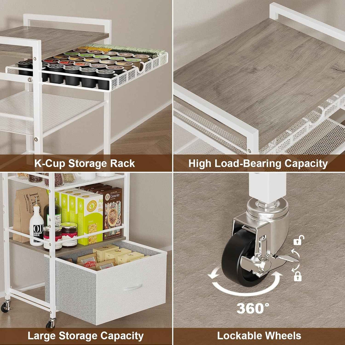 Modern White Coffee Bar Cabinet on Wheels - 5-Tier Storage Station with Drawer for Home Kitchen & Liquor Buffet