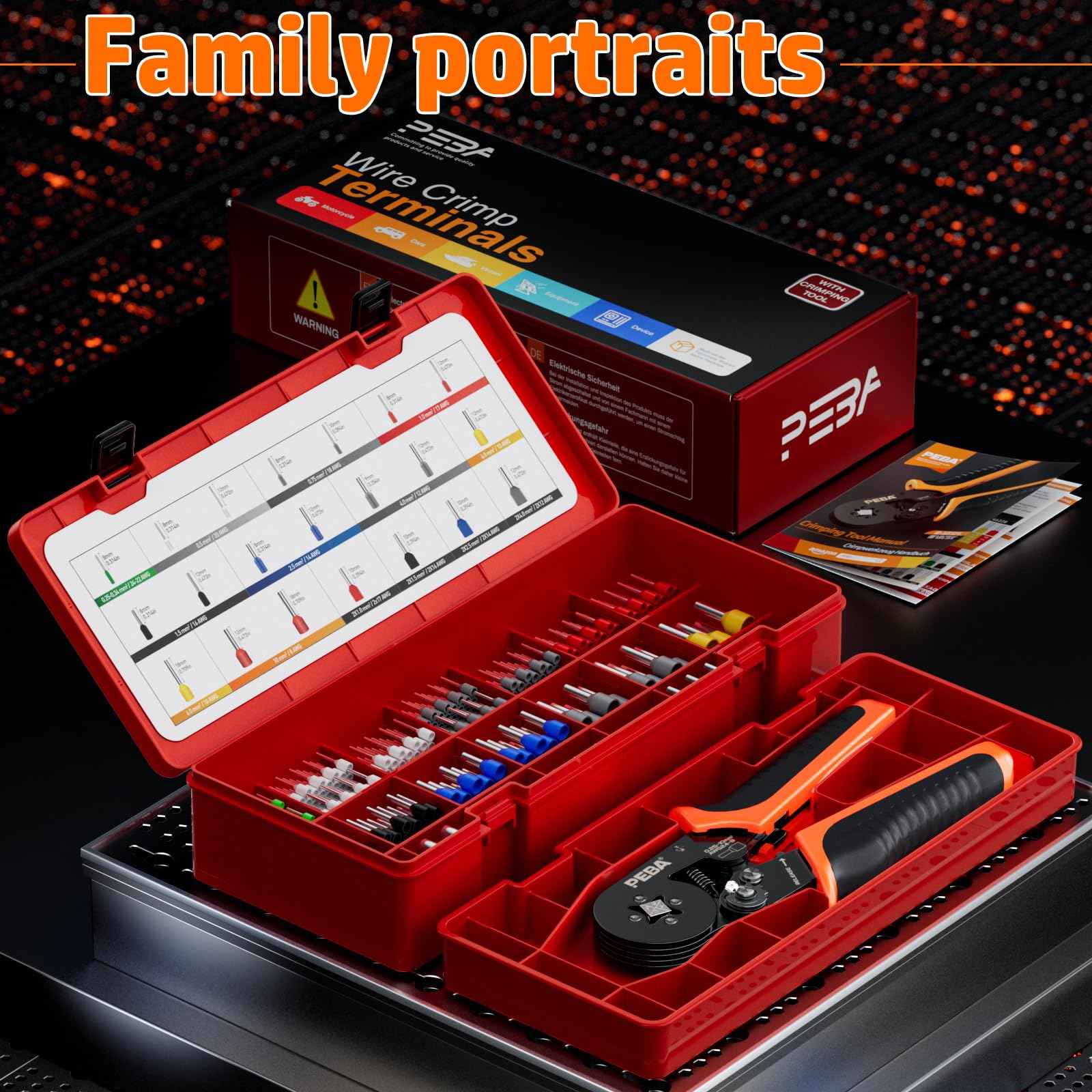 PEBA Ferrule Crimping Tool Kit, Square Pliers AWG28-7 & 21 Sizes Ferrules(AWG24-8) for Electrical Wiring/DIY Terminals | Self-Adjusting Ratchet Crimper - Copper Ferrule Kit