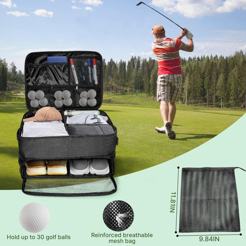 LIWSHWZ 3 Layer Golf Trunk Organizer,Golf Gifts for Men with Separate Mesh Bag for Golf Balls,Large Capacity-40 Golf Balls,2 Pairs of Golf Shoes, Gloves, Clothes, Golf Gift for Men Women