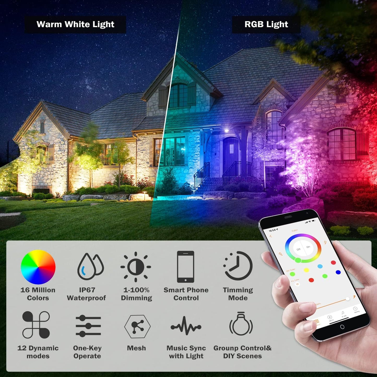 15W Smart Outdoor Colored Spotlights - APP Control, Waterproof Dimmable Garden Lights with Timer & Music Sync