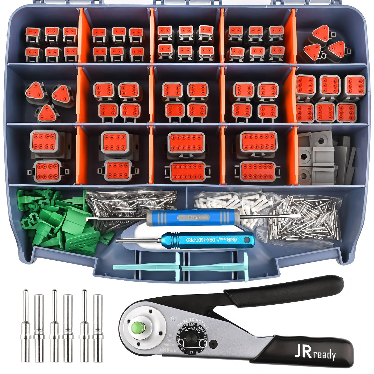 JRready DW5010 Deutsch Connector Kit, 2 3 4 6 8 12 Pin IP68 Waterproof DT Connectors Kit with ACT-M202 Deutsch Crimp Tool for 12-22AWG, Size 16 Solid Contacts 16-20AWG and Pin Removal Tools