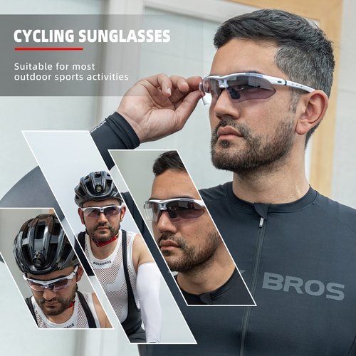 ROCKBROS Photochromic Sports Sunglasses Mens Pickleball Glasses Cycling Glasses MTB Sunglasses, with Removable Elasctic Band,White