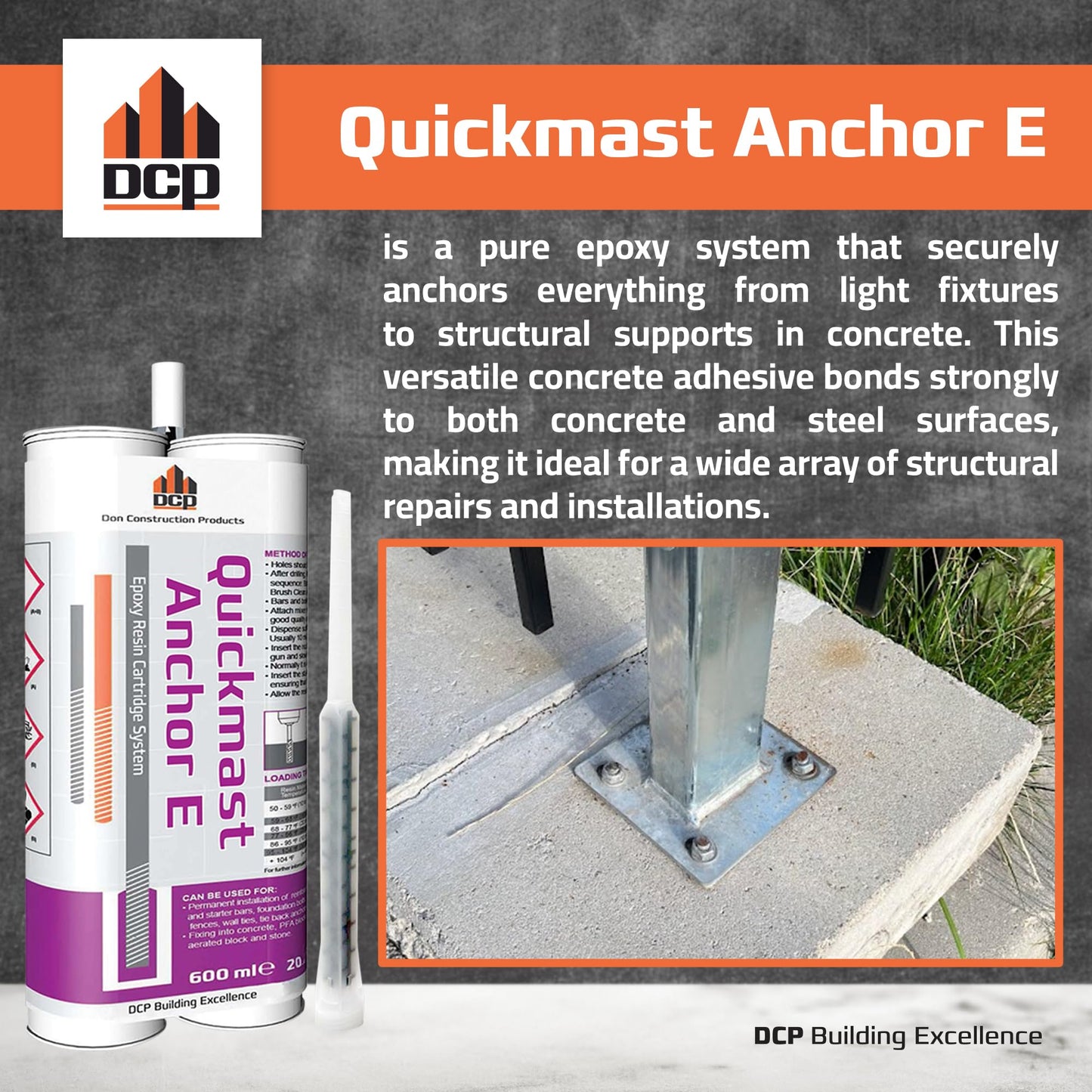 DCP Quickmast Anchor E Concrete Anchoring Epoxy - Two-Part, Dual Cartridge, Fast-Setting Epoxy System for Rebar, Threaded Rods, Crack Repair - Strong Bonding, Durable - 20.2 fl oz. - 2 Pack