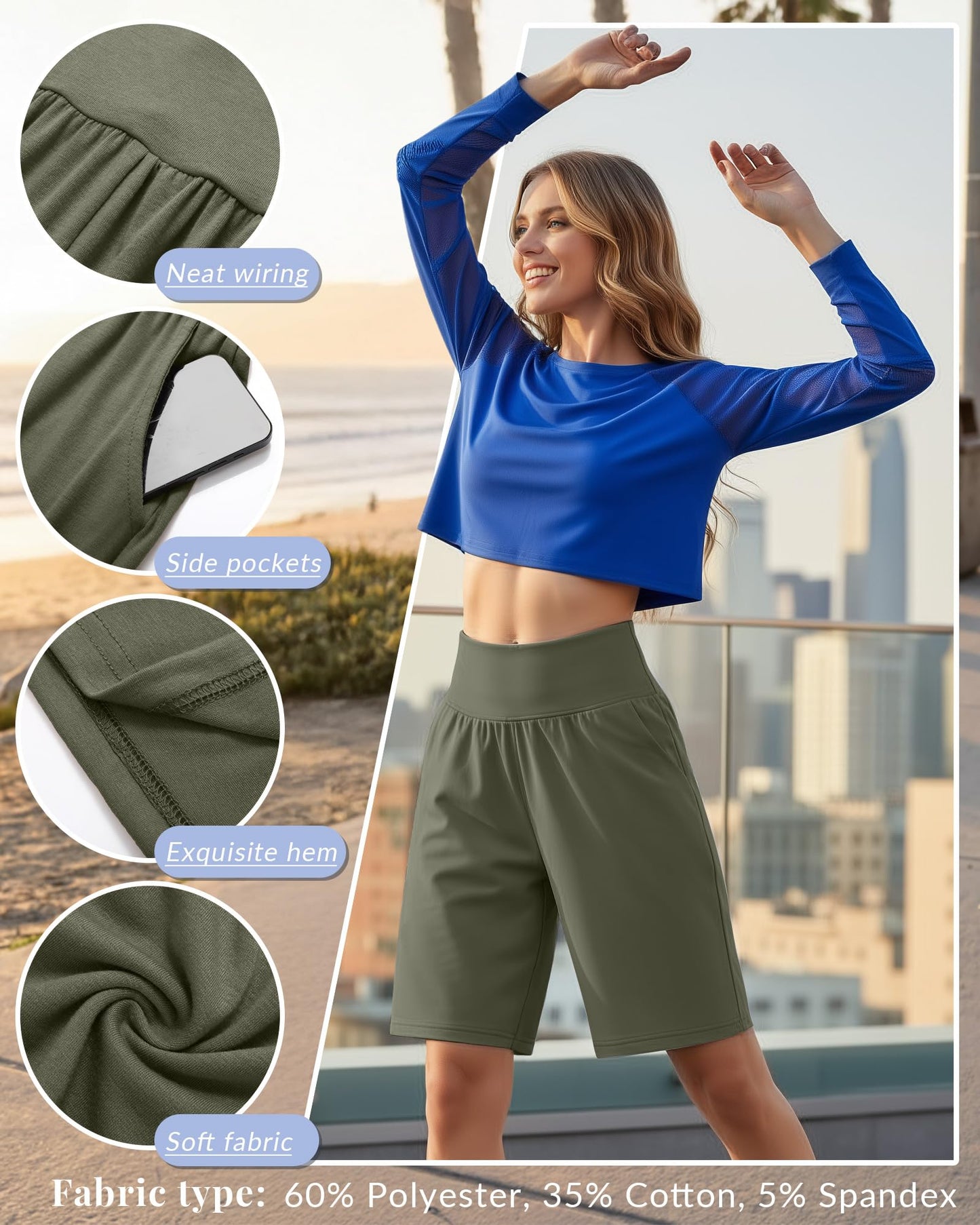 Neer 3 Pack Women's Bermuda Shorts, High Waist Basic Stretch Casual Bottoms Knee Length Summer Athletic Short with Pockets(Black, Army Green, Light Khaki,Medium)