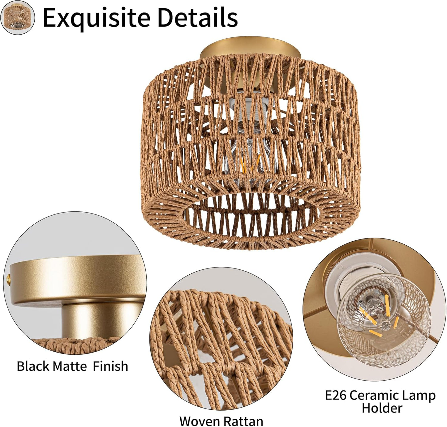 Bohemian Rattan Ceiling Light Fixture - 3-Light Woven Flush Mount for Bedroom & Living Room