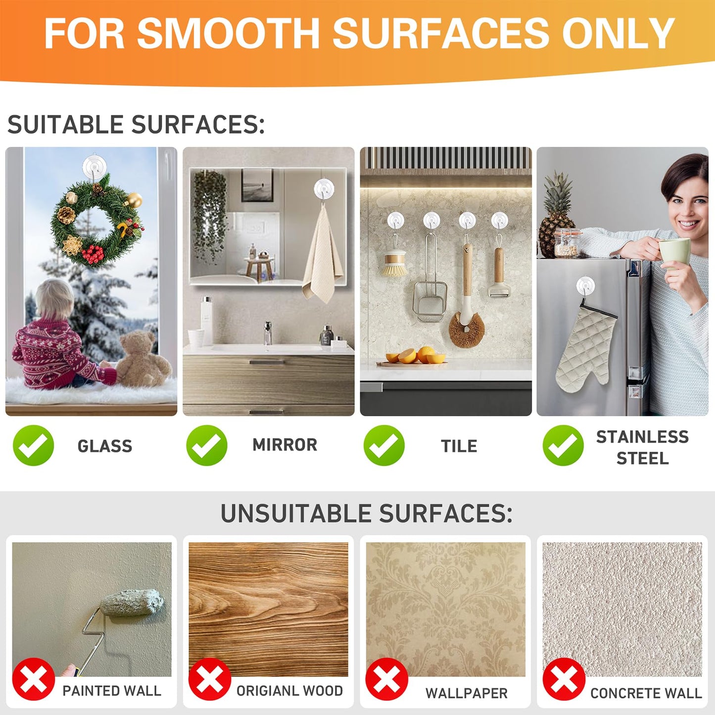 KORCCI Suction Cup Hooks 16Pack Assorted Size- 6 Small 8 Medium 2 Large, Clear Suction Cup, Stainless Steel Hook, No Trace, Reusable & Removable, for Tile, Glass, Window, Shower, Kitchen, Bathroom