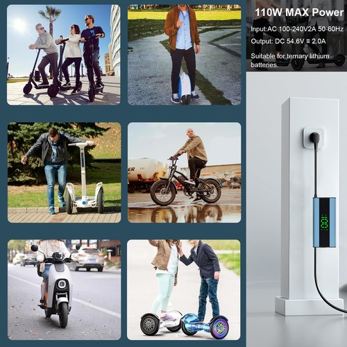 54.6V 2A Electric Scooter Charger with LED Charging Display (1-100%), for Hoverboard with 5 Connectors, Universal Charger for All 48V Lithium Batteries, for N-inebot, Kugoo (Blue