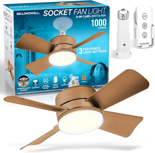 Socket Breeze Ceiling Fan with Light & Remote - Portable 3500K 1000 Lumens E26/E27
