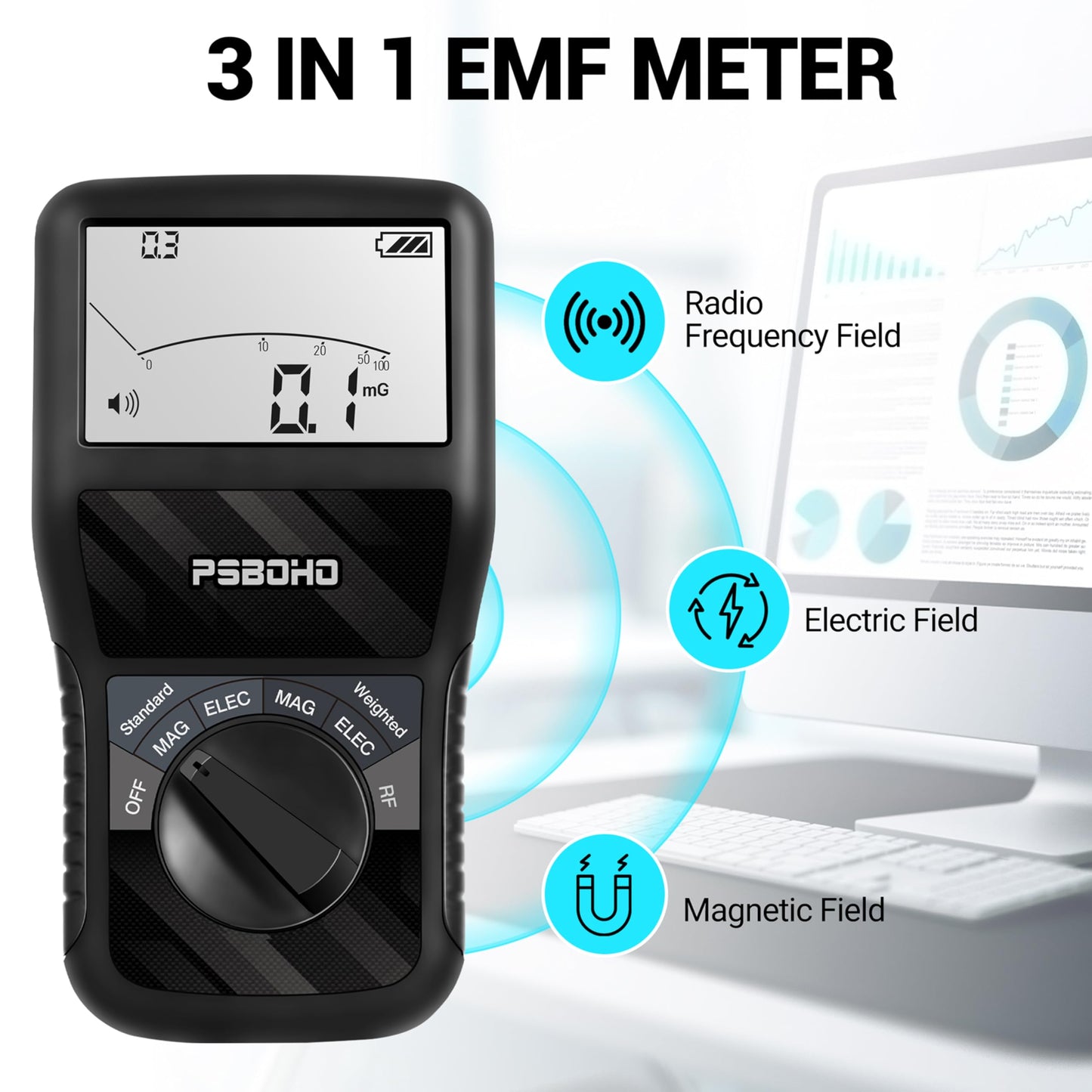 PSB0H0 EMF Meter, 3-in-1 Multi-Field Electromagnetic Radiation Detector for EF RF MF, WiFi Signal Detector, for Home&Office EMF Measurement Devices, Ghost Detectors, EMF Detector Tester