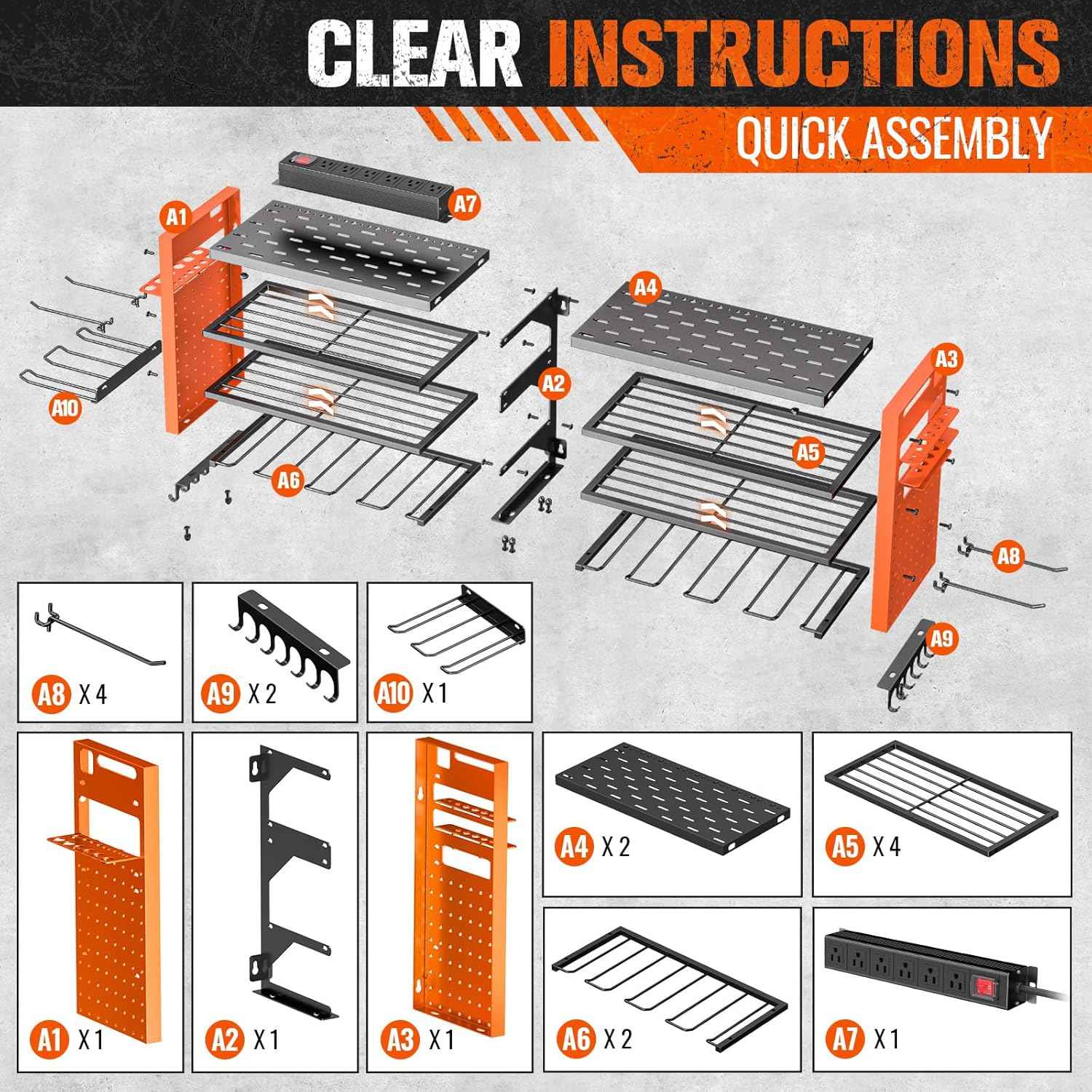 Heavy Duty Wall Mount Power Tool Organizer with Charging Station & 10 Drill Holders