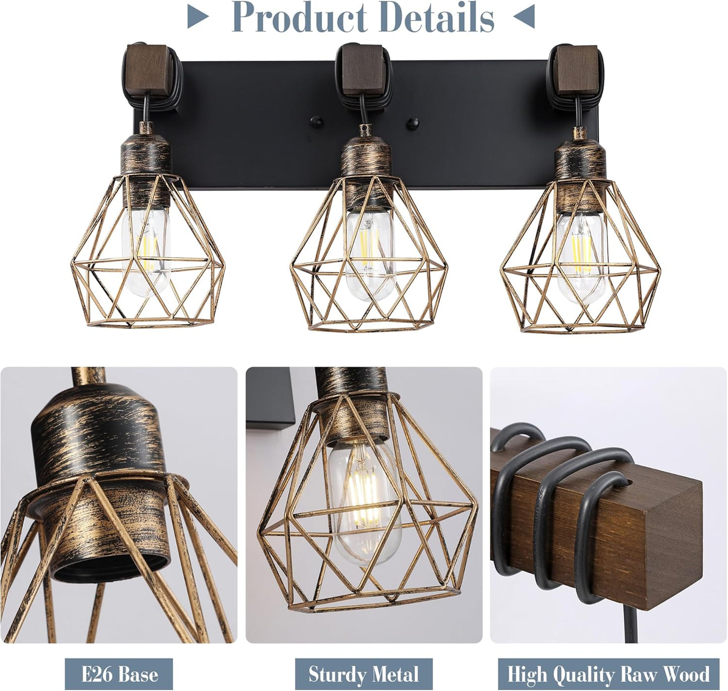 Farmhouse 3-Light Bathroom Vanity Light Fixture - Rustic White Wood Sconces for Mirror
